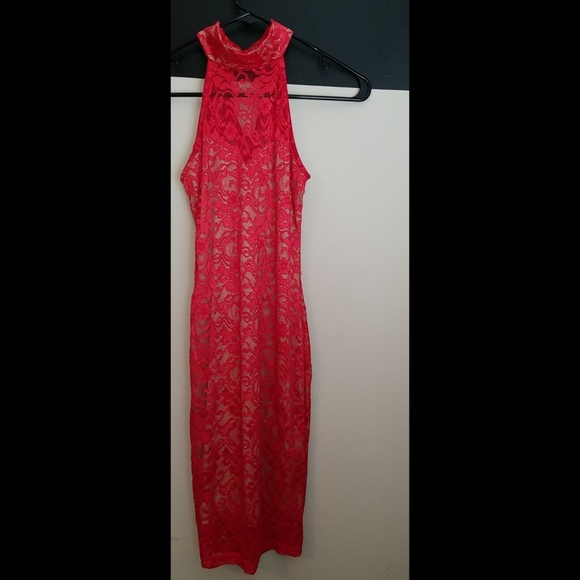 NEW LISTING! Red Nude Illusion Lace Mock Neck Dress - Picture 12 of 17